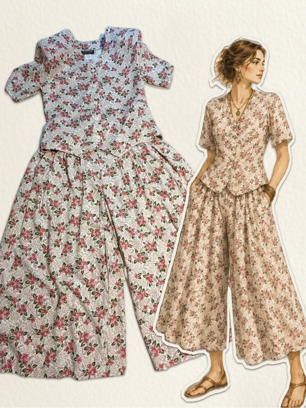 VINTAGE 90s floral 2 piece dress set wide leg palazzo goucho culottes pants top